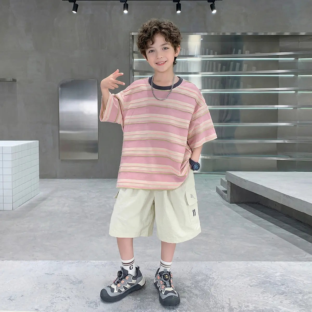 Boys Pink Striped Oversized T-Shirt With Shorts Sets Sets Pink 5-6 Y