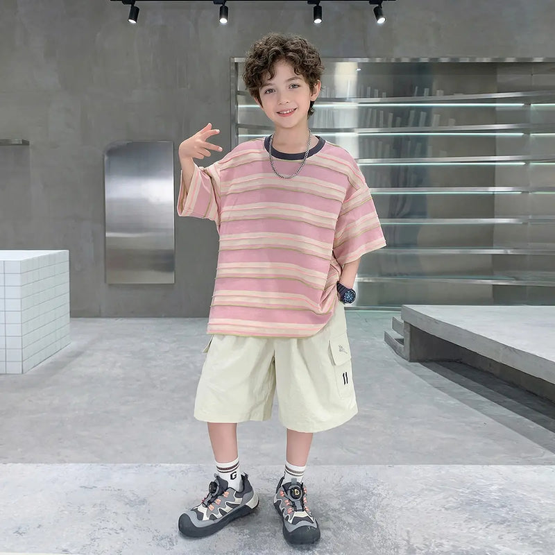 Boys Pink Striped Oversized T-Shirt With Shorts Sets Sets Pink 5-6 Y