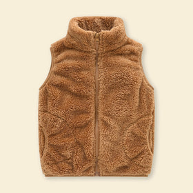 Girls Brown Fleece Front Zipper Sleeveless Winter Jacket Coats & Jackets