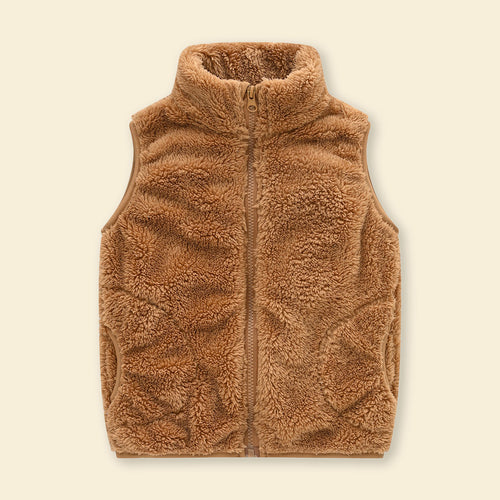 Girls Brown Fleece Front Zipper Sleeveless Winter Jacket Coats & Jackets