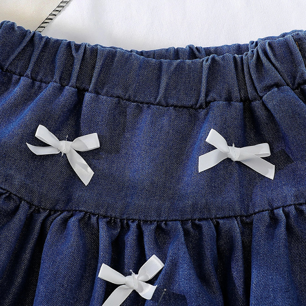 Girls Blue Denim Bow Applique Top & Tiered Skirts Co-ord Sets Sets