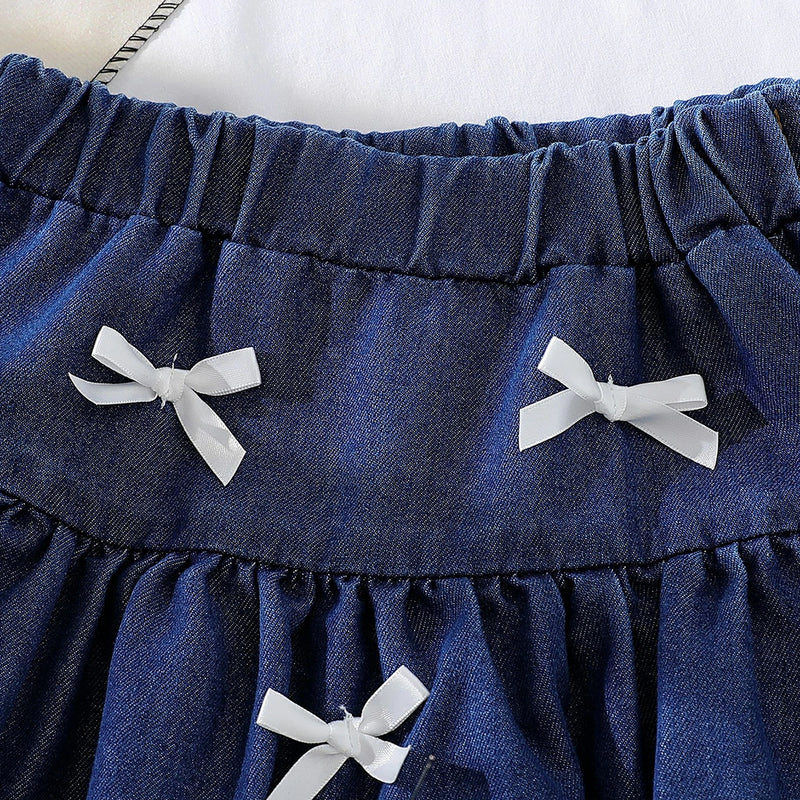 Girls Blue Denim Bow Applique Top & Tiered Skirts Co-ord Sets Sets