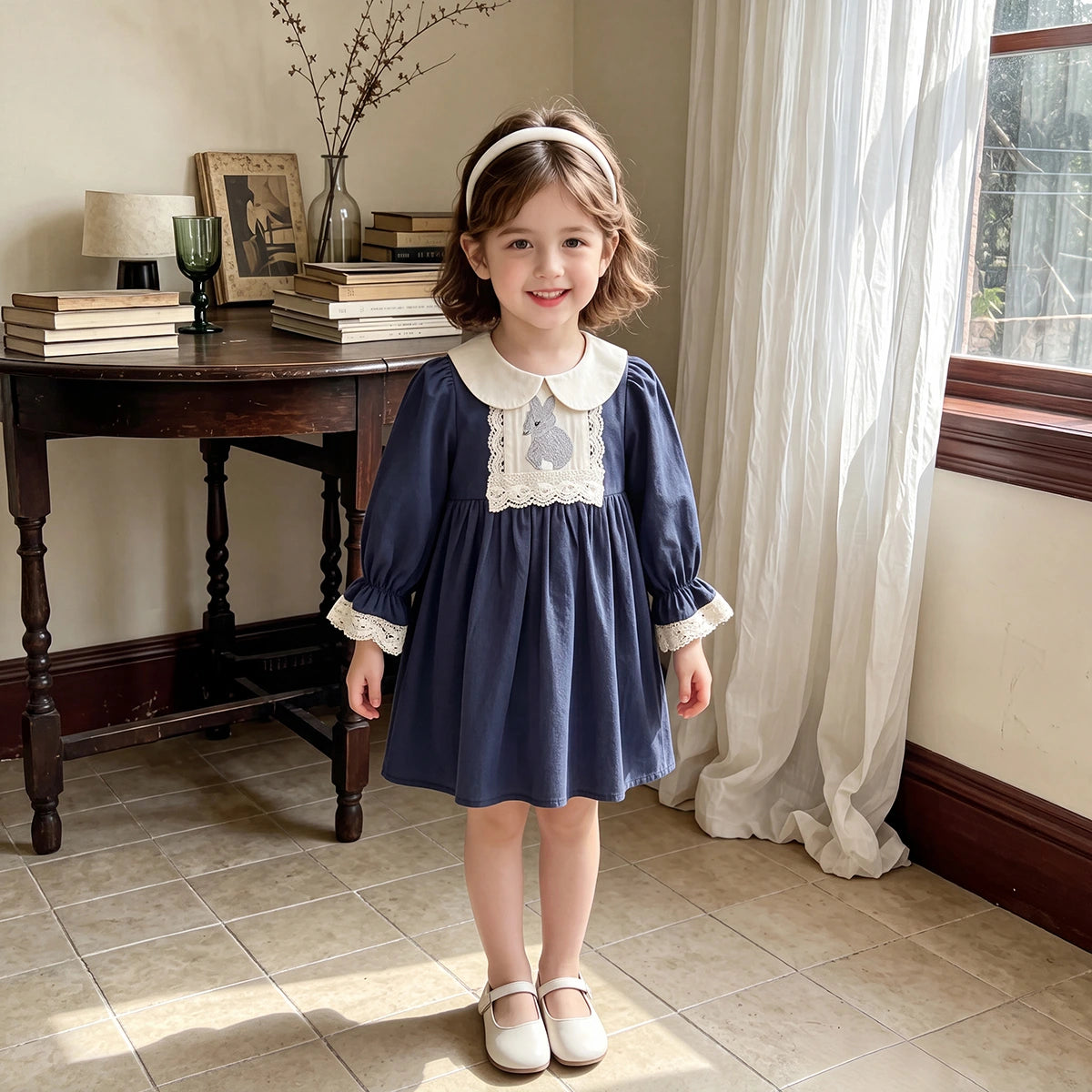 Girls Navy Blue Bunny Embroidered Peter Pan Collar Dress Casual Dresses