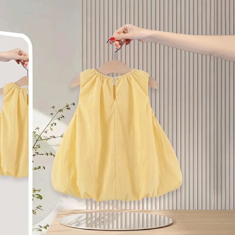 Girls Yellow Kitty Applique Balloon Dress Casual Dresses