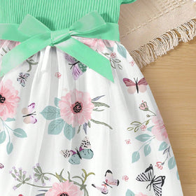 Girls Green Flared Sleeve Floral Printed Dress Casual Dresses