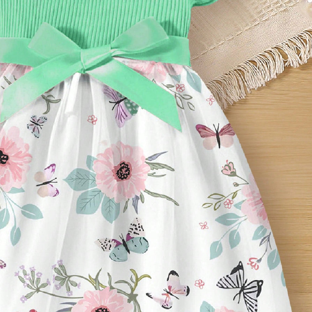 Girls Green Flared Sleeve Floral Printed Dress Casual Dresses