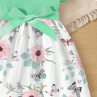Girls Green Flared Sleeve Floral Printed Dress Casual Dresses