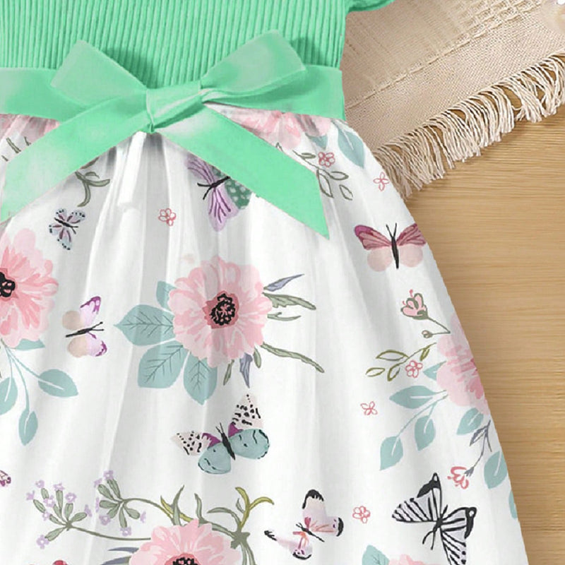 Girls Green Flared Sleeve Floral Printed Dress Casual Dresses