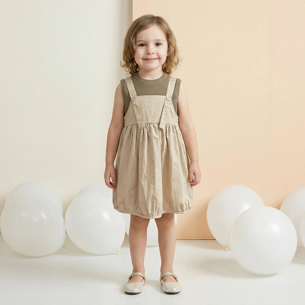 Girls Beige Solid Pinafore Dress With Sleeveless Inner Top Casual Dresses Beige 1-2 Y