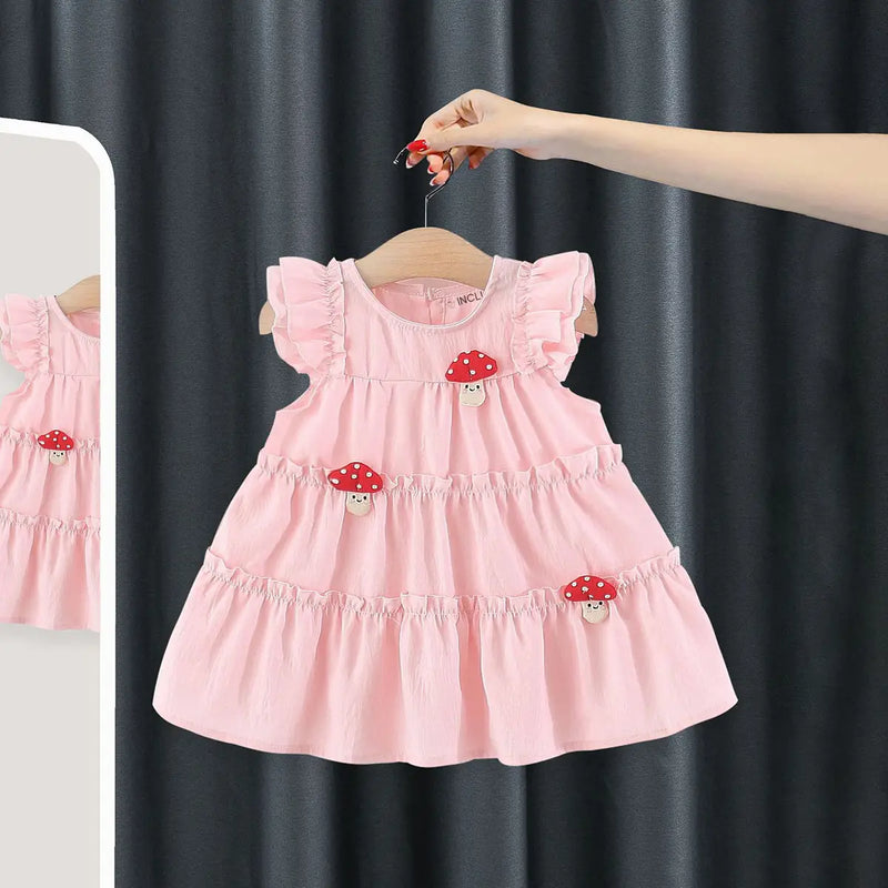 Girls Light Pink Mushroom Applique Short Sleeve Tiered Dress Casual Dresses Light Pink 1-2 Y