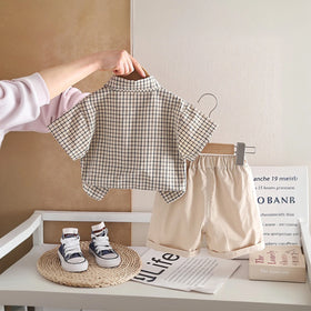 Boys Beige Checked Short Sleeve Shirt with Shorts Sets 2 pc. Sets