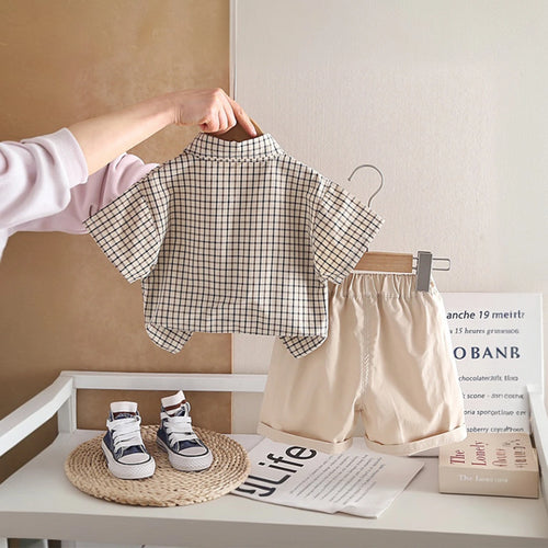 Boys Beige Checked Short Sleeve Shirt with Shorts Sets 2 pc. Sets