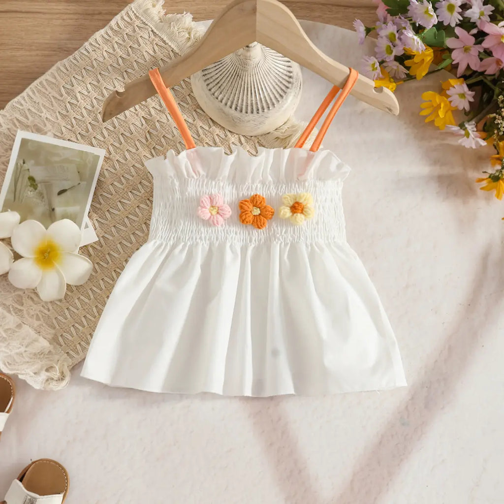 Girls White 3D Flowers Applique Smocked Top With Pant Sets Sets