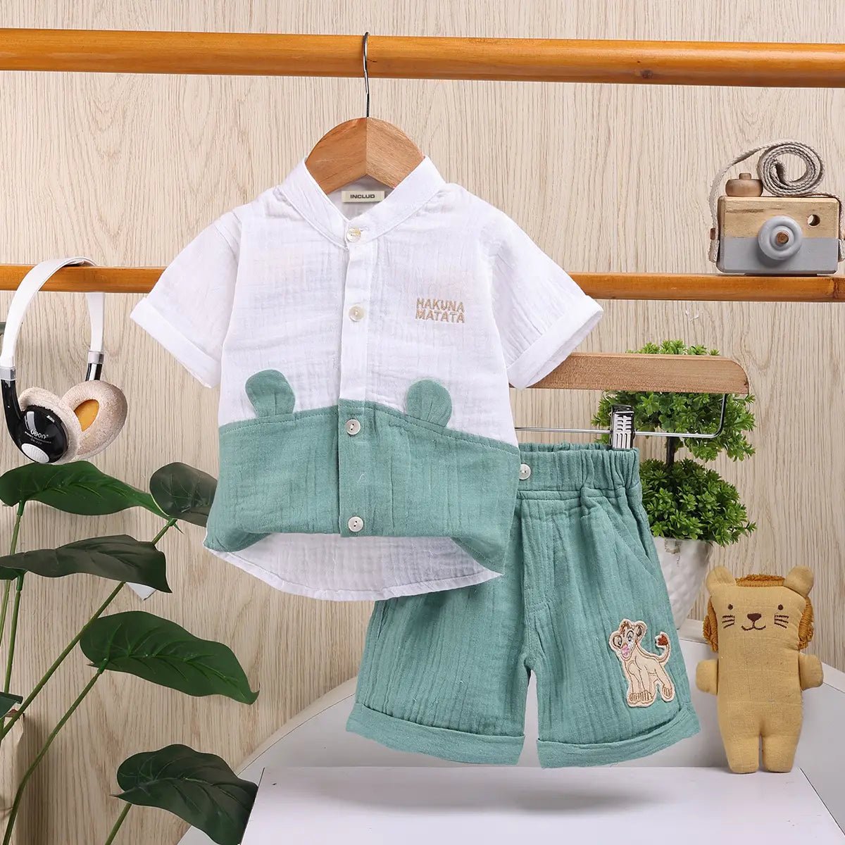 Boys Green Embroidered Short Sleeve Shirt With Elasticated Shorts Sets 2 pc. Sets Green 0-3 M