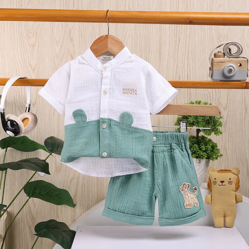 Boys Green Embroidered Short Sleeve Shirt With Elasticated Shorts Sets 2 pc. Sets Green 0-3 M