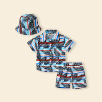 Boys Sky Blue Tropical Print Button-Down Shirt With Shorts & Hat Co-ord Sets Sets