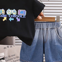 Boys Black Graphic Printed Short Sleeve T-Shirt With Denim Shorts Sets 2 pc. Sets
