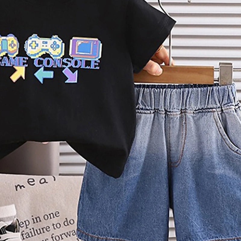 Boys Black Graphic Printed Short Sleeve T-Shirt With Denim Shorts Sets 2 pc. Sets