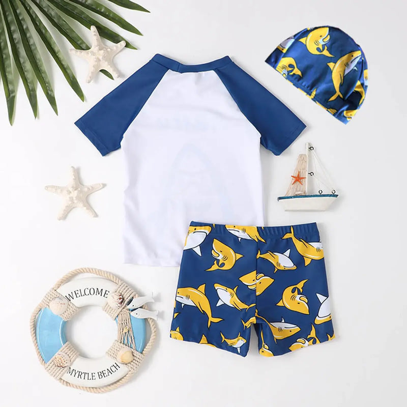 Boys White Shark Print T-Shirt With Shorts & Swim Cap Swimwear Sets Beachwear