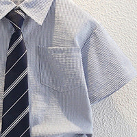 Boys Blue Stripes Button-up Shirt With Shorts Set Sets