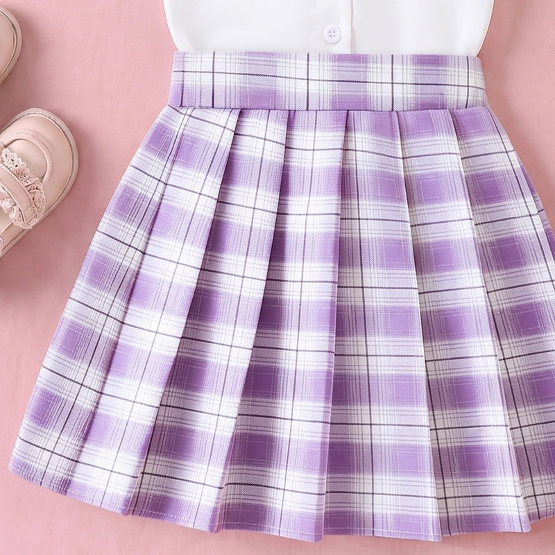 Girls White Puff Sleeve Shirt With Checked Pleated Skirt Sets 2 pc. Sets