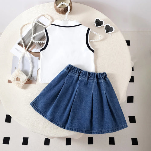 Girls White Heart Print Sleeveless Polo Top With Denim Skirt Sets 2 pc. Sets