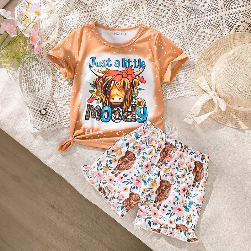 Girls Short Sleeve T-Shirt With White Floral Print Shorts Sets 2 pc. Sets White 3-4 Y