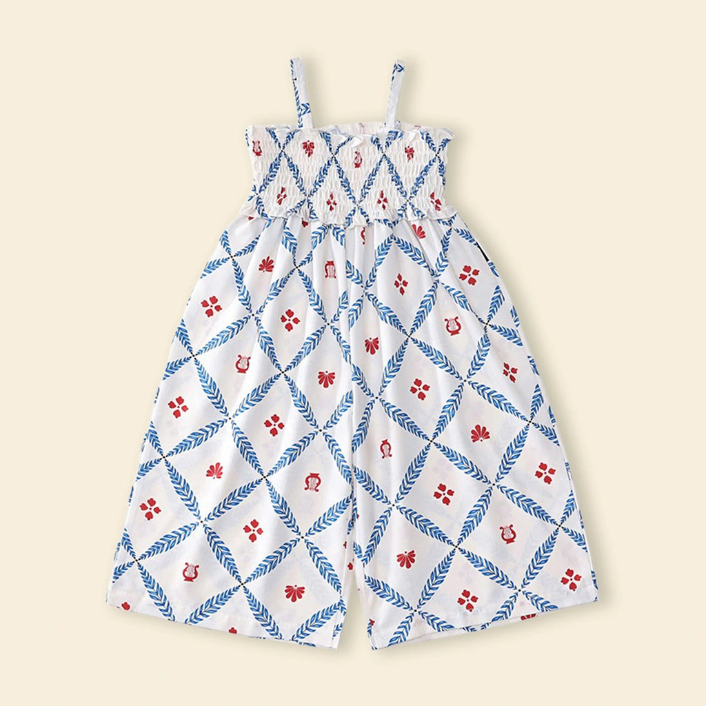 Girls Blue Floral Smocked Square Neck Jumpsuit Jumpsuits