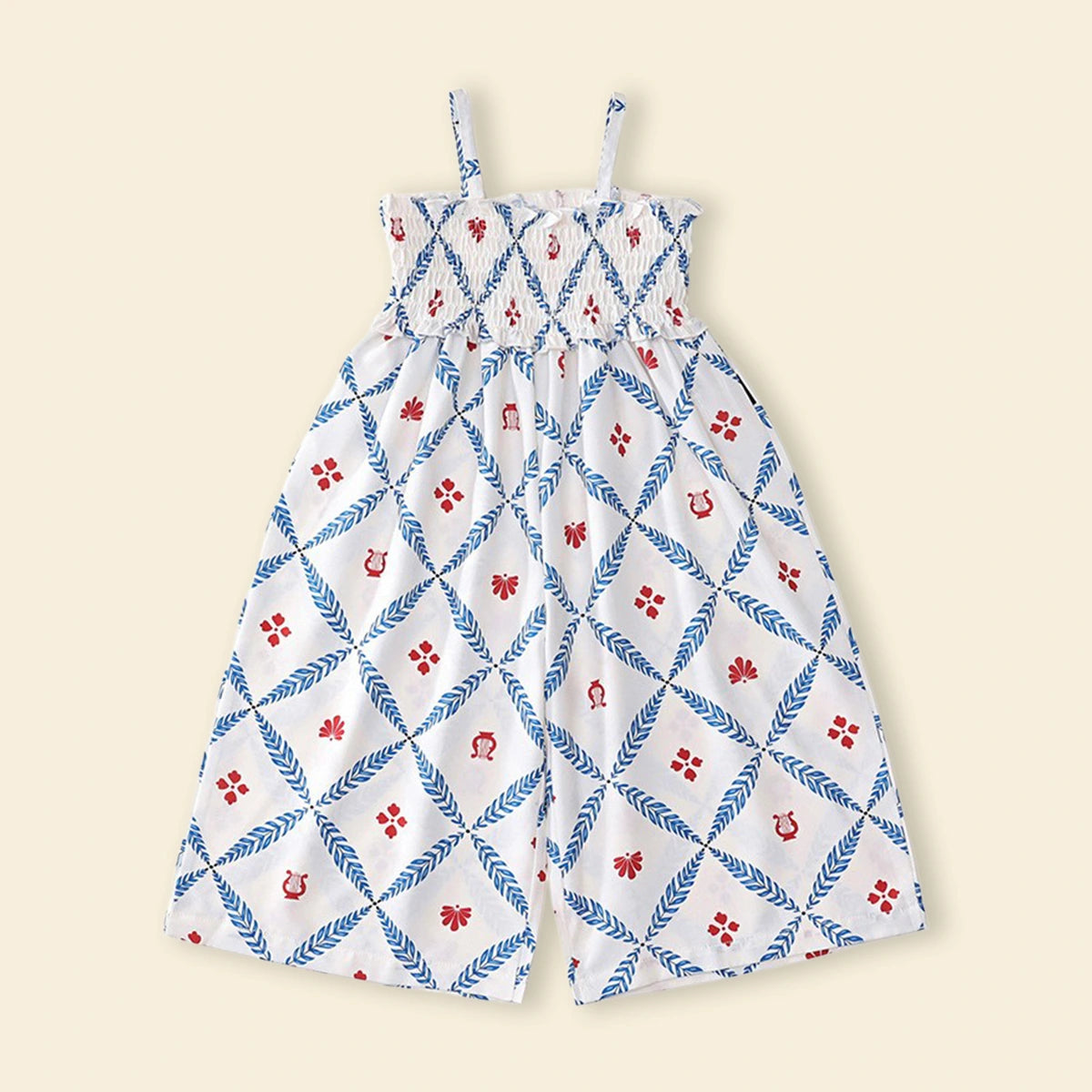 Girls Blue Floral Smocked Square Neck Jumpsuit Jumpsuits