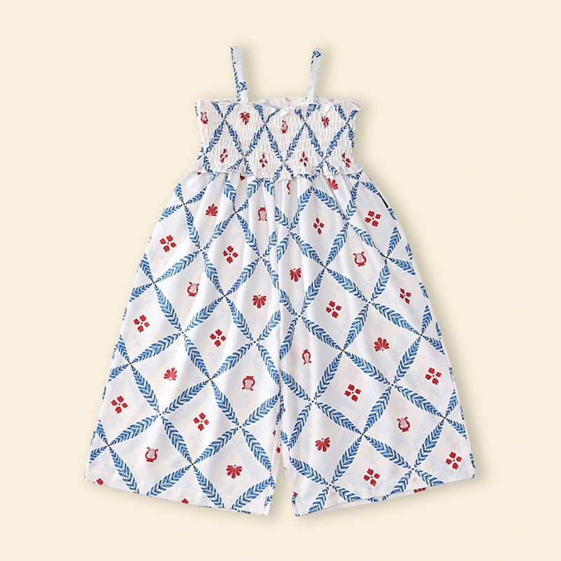 Girls Blue Floral Smocked Square Neck Jumpsuit Jumpsuits