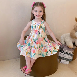Girls Multicolour Floral Print Sleeveless A-line Dress Casual Dresses Multicolor 1-2 Y