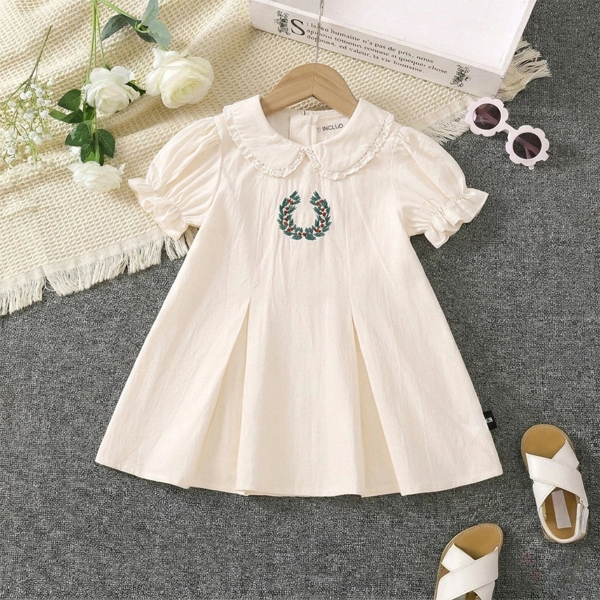 Girls Off White Embroidered Peter Pan Collar A-Line Dress Casual Dresses Off White 2-3 Y