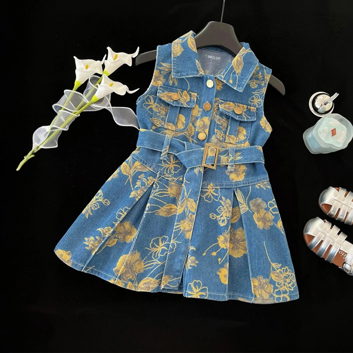 Girls Blue Floral Printed Pleated A-line Denim Dress Casual Dresses Blue 1-2 Y