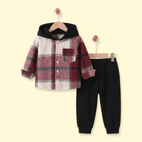 Boys Red Checked Hooded Shirt With Pants Sets 2 pc. Sets Red 3-4 Y