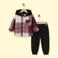 Boys Red Checked Hooded Shirt With Pants Sets 2 pc. Sets Red 3-4 Y