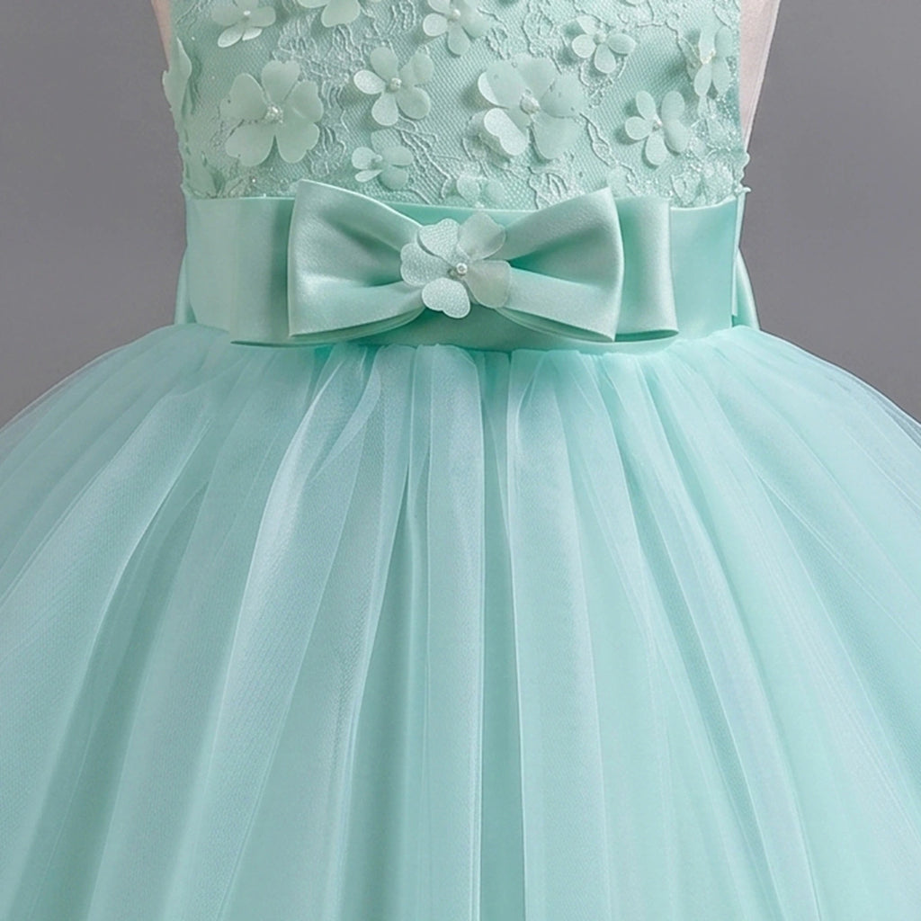 Girls Light Green Floral Applique Sleeveless Tutu Party Wear Dress Party Dresses