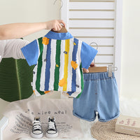Boys Blue Stripe Printed Short Sleeves Shirt With Denim Shorts Set 2 pc. Sets