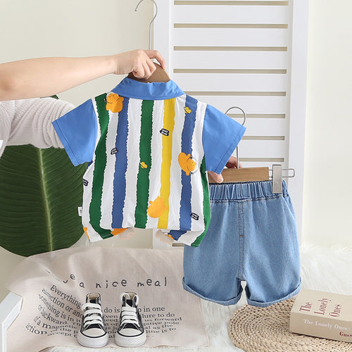 Boys Blue Stripe Printed Short Sleeves Shirt With Denim Shorts Set 2 pc. Sets