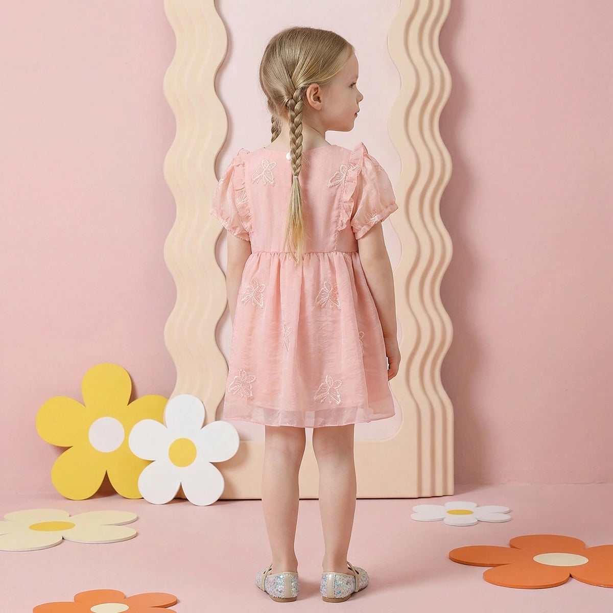 Girls Pink Embroidered Fit & Flare Dress With Puff Sleeves Casual Dresses