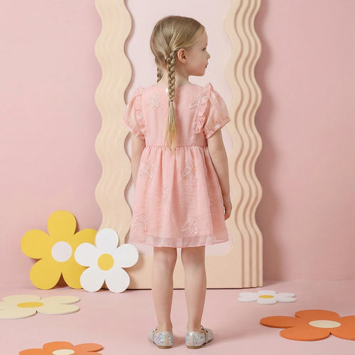 Girls Pink Embroidered Fit & Flare Dress With Puff Sleeves Casual Dresses