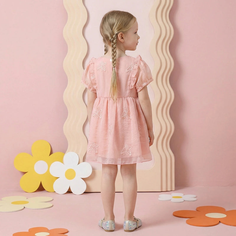 Girls Pink Embroidered Fit & Flare Dress With Puff Sleeves Casual Dresses