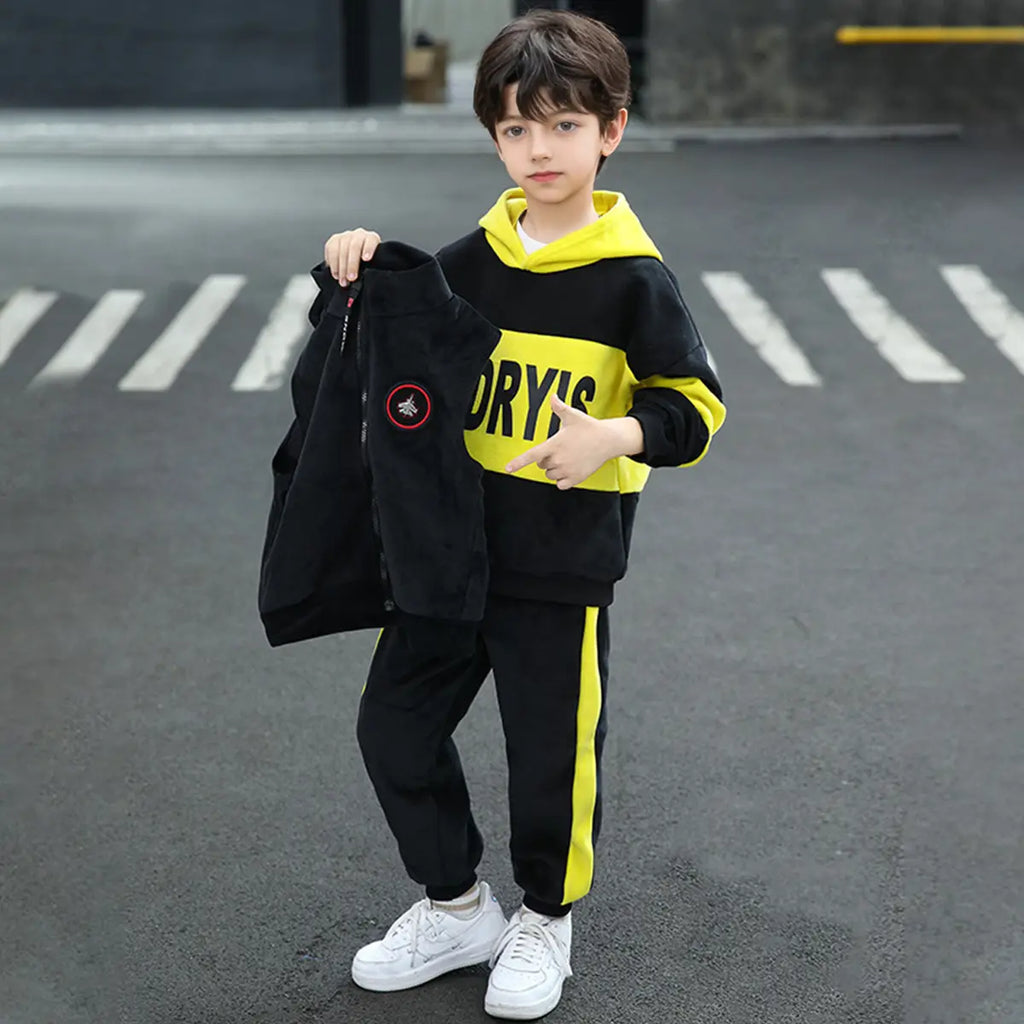 Boys Yellow Typographic Printed Hooded Sweatshirt With Vest & Jogger Sets Sets