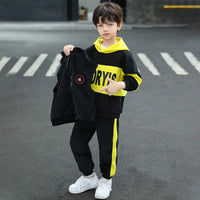 Boys Yellow Typographic Printed Hooded Sweatshirt With Vest & Jogger Sets Sets