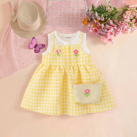 Girls Yellow Checked Sleeveless A-line Dress With Sling Bag Casual Dresses Yellow 1-2 Y