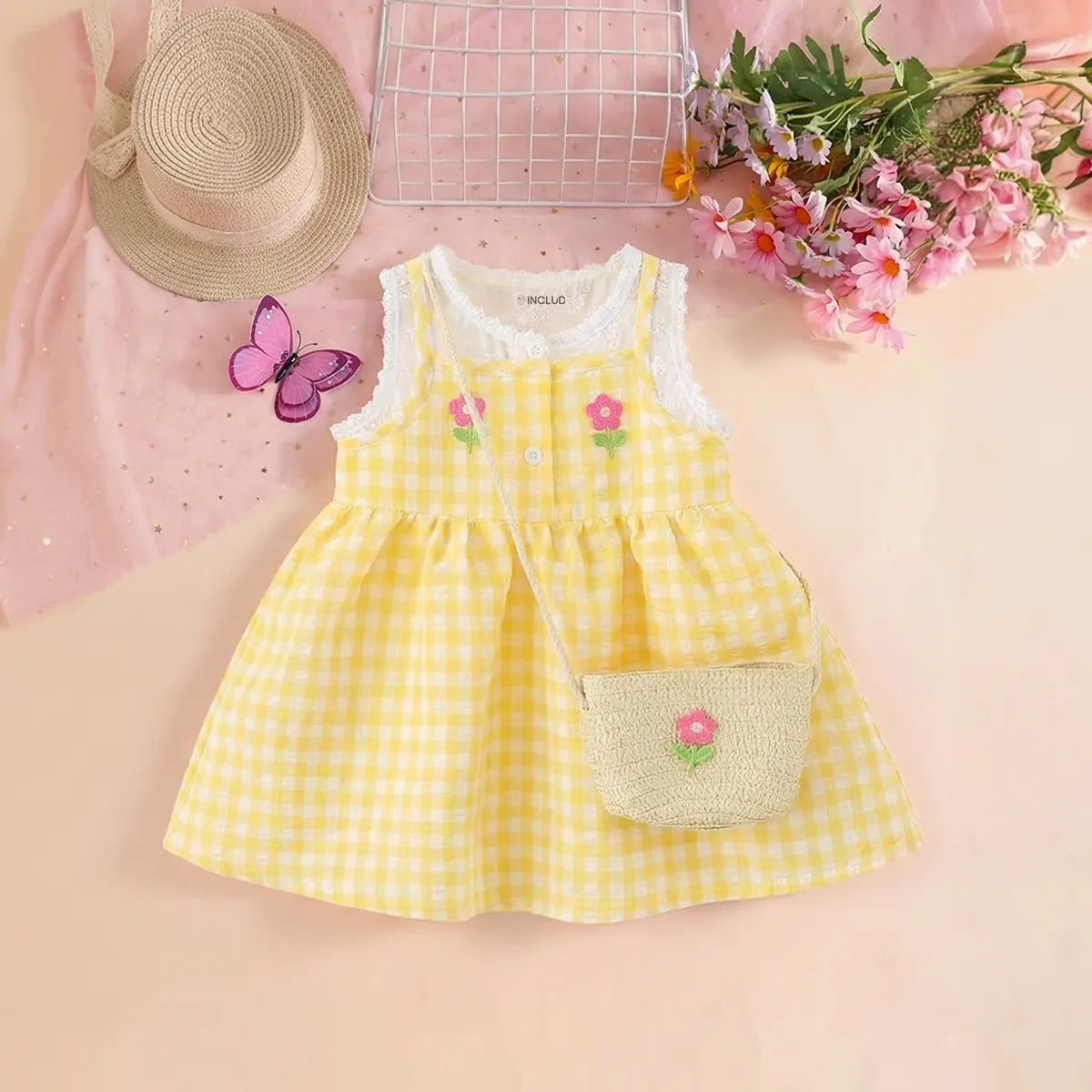 Girls Yellow Checked Sleeveless A-line Dress With Sling Bag Casual Dresses Yellow 1-2 Y