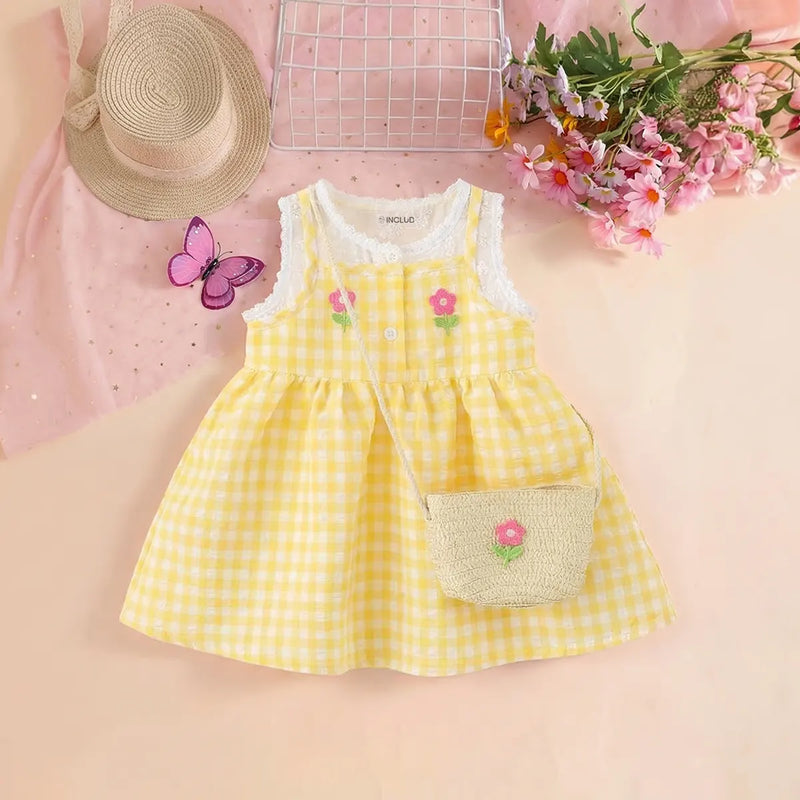 Girls Yellow Checked Sleeveless A-line Dress With Sling Bag Casual Dresses Yellow 1-2 Y