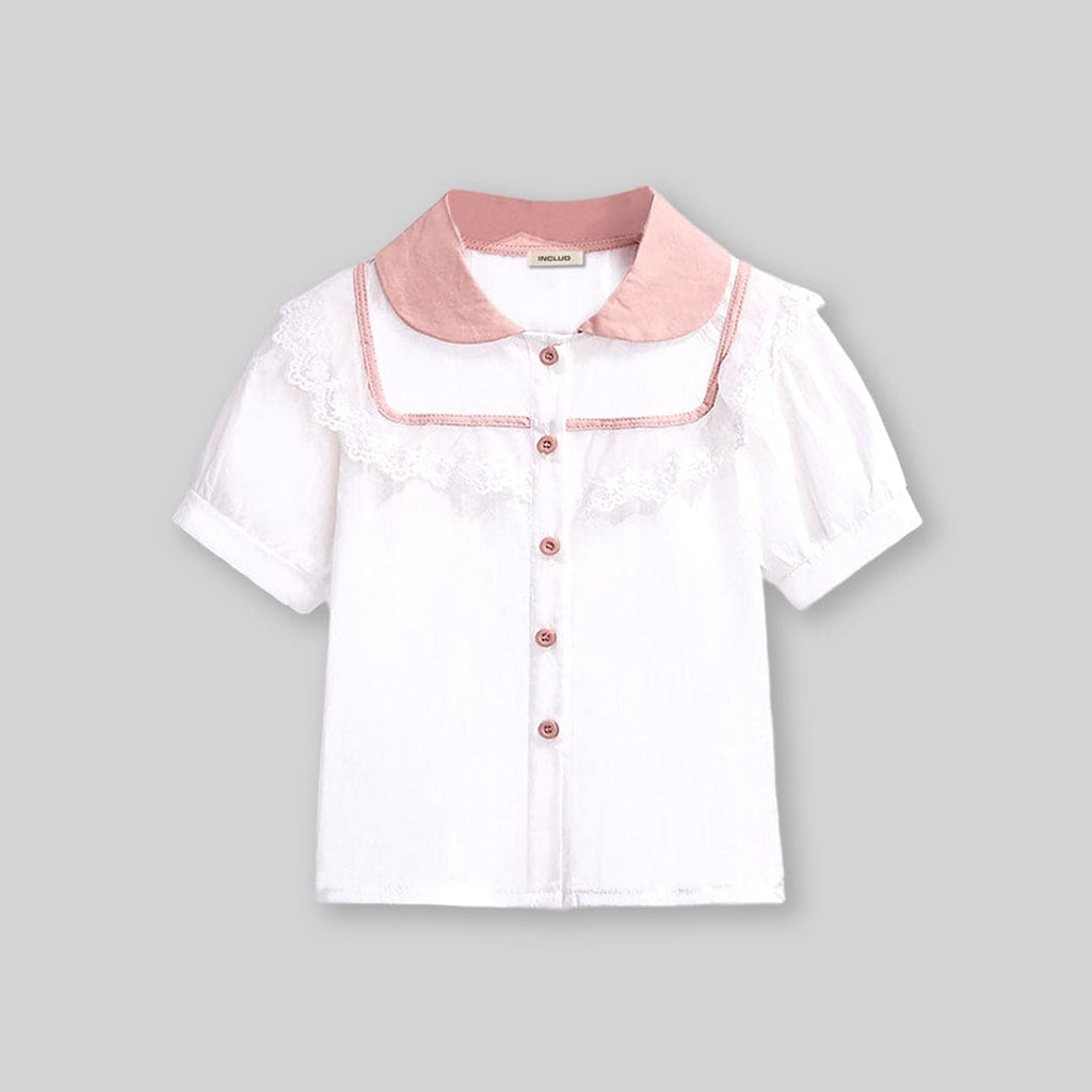 Girls Short Sleeve Peter Pan Collar Lace Top With Shorts Sets   
