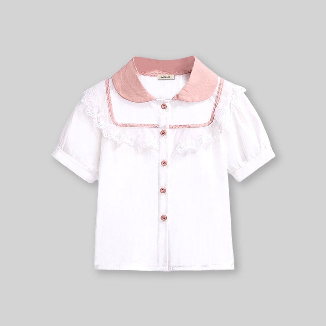 Girls Short Sleeve Peter Pan Collar Lace Top With Shorts Sets   
