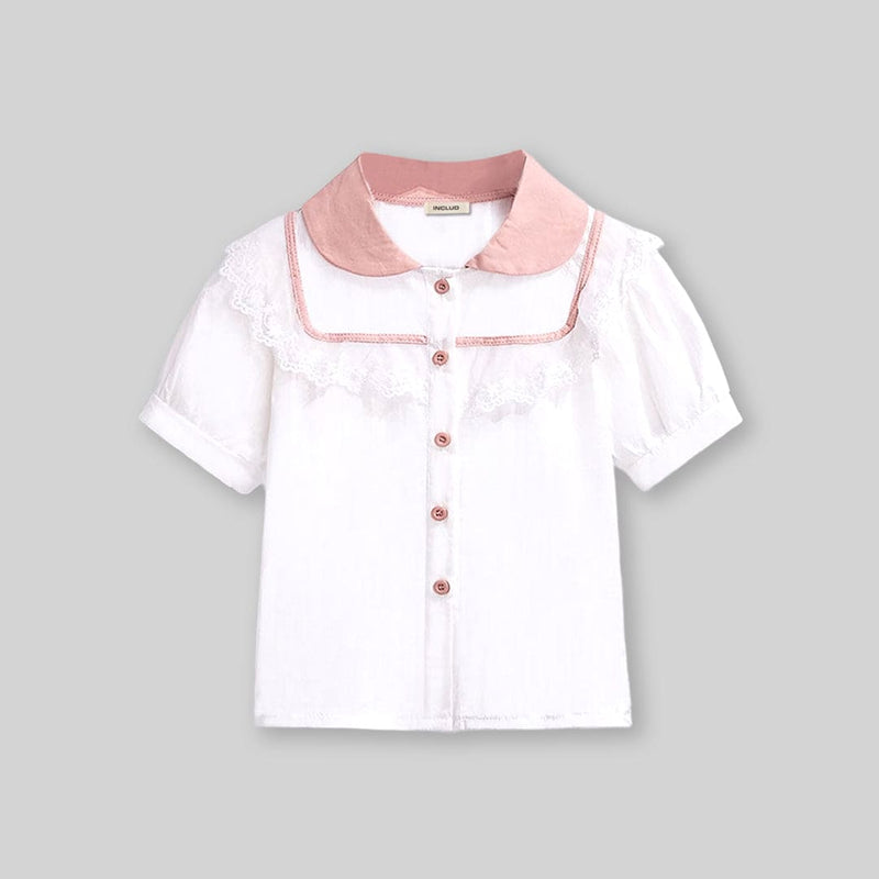 Girls Short Sleeve Peter Pan Collar Lace Top With Shorts Sets   