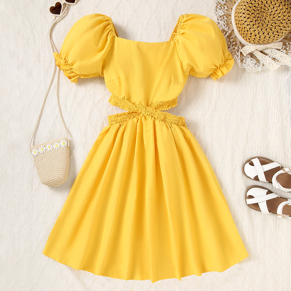 Girls Yellow Square Neck Short Sleeve Cross Waist Dress Casual Dresses